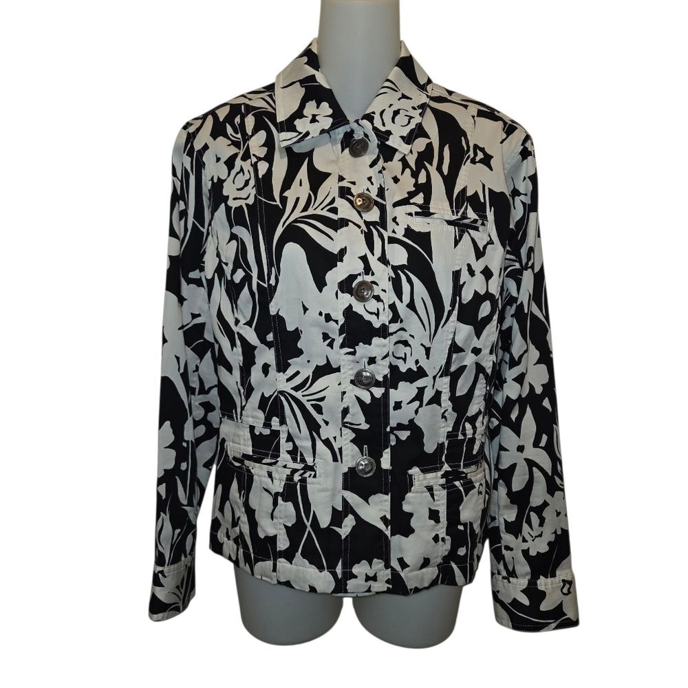 Chico's Vintage Black & White Topical Floral Stretch Jacket Size 0 Small
